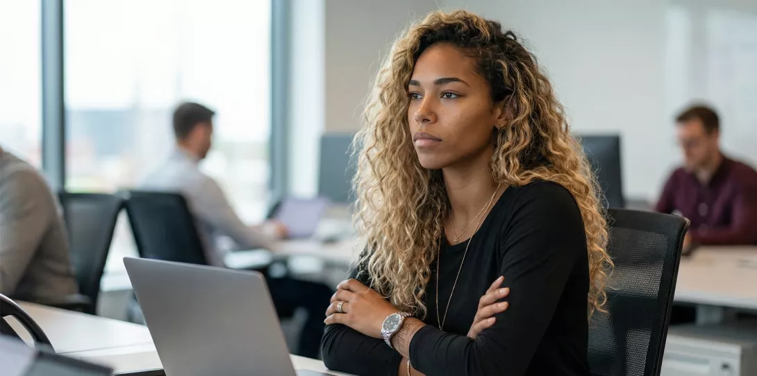 Berufseinsteigerin frustriert vor Laptop