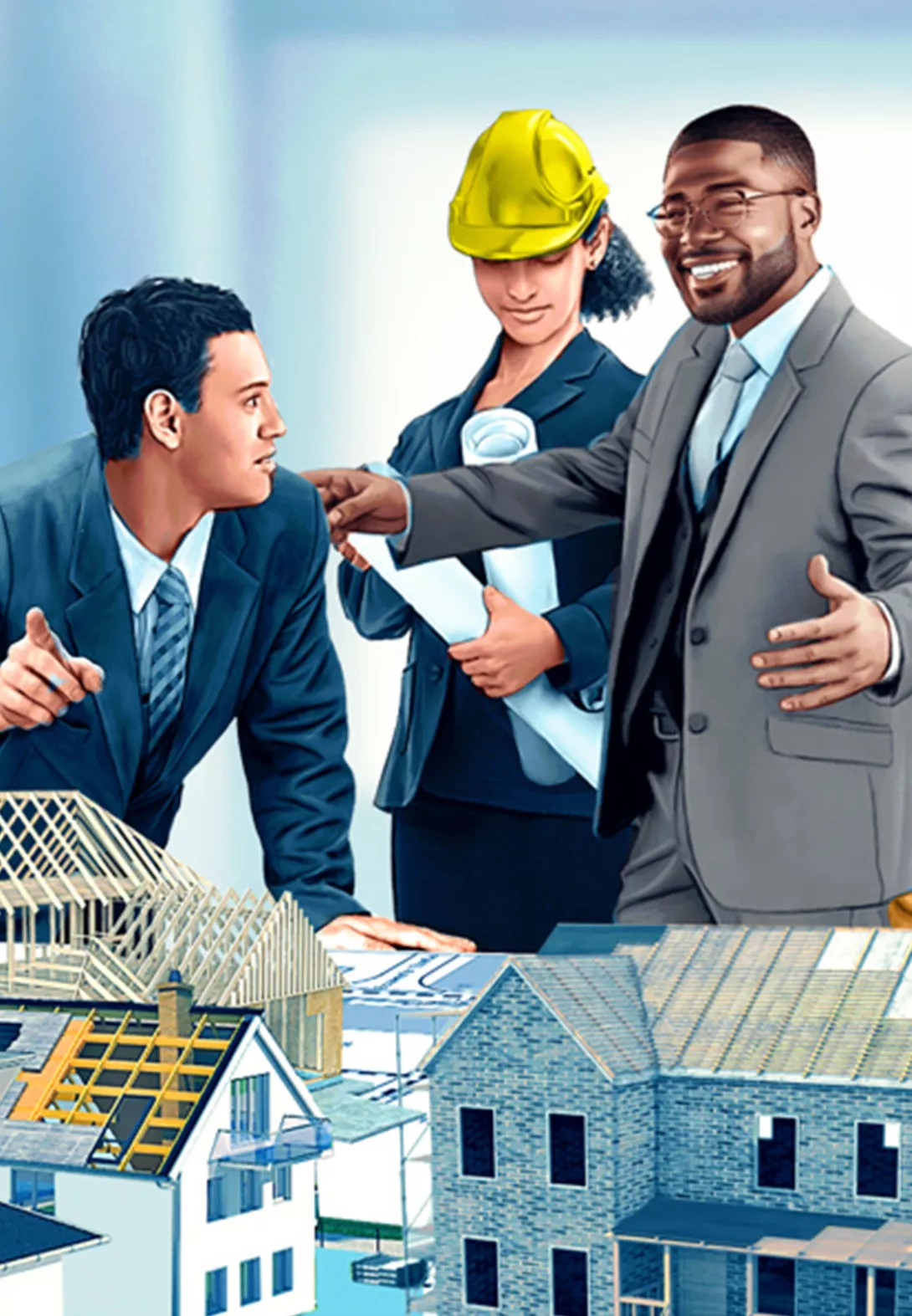 Illustration von Fachkräften aus Bau und Planung, die gemeinsam an Bauplänen und Gebäudemodellen arbeiten.