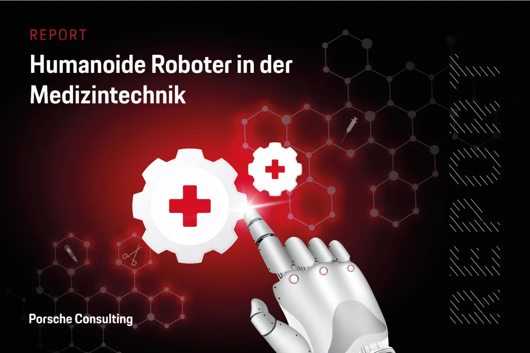 Titelbild eines Reports über humanoide Robotik in der Medizintechnik mit einer Roboterhand, medizinischen Symbolen und einem roten Technologie-Hintergrund.
