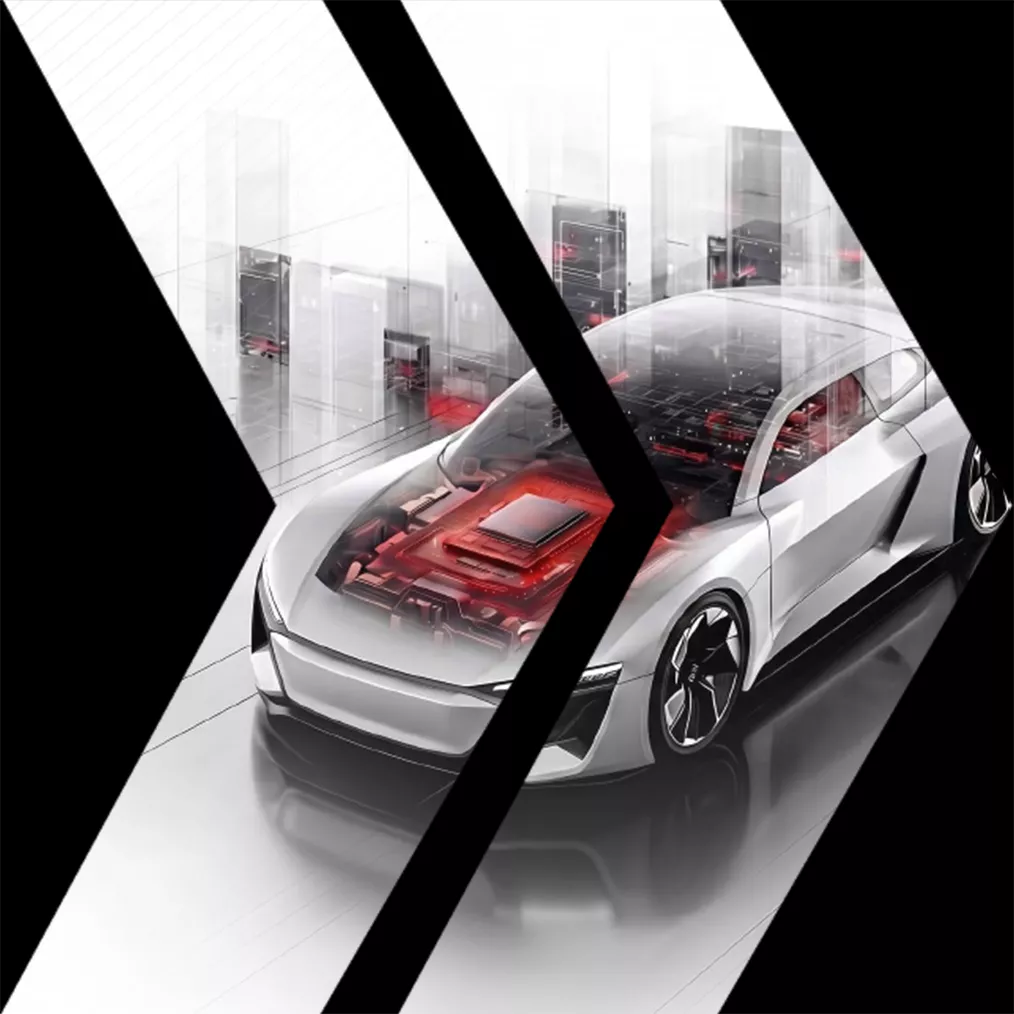 Ein futuristisches Fahrzeug mit sichtbar dargestellter Halbleiterarchitektur im Fahrzeugkern vor dem Hintergrund einer hochmodernen Elektronik- und Rechenzentrumsumgebung.