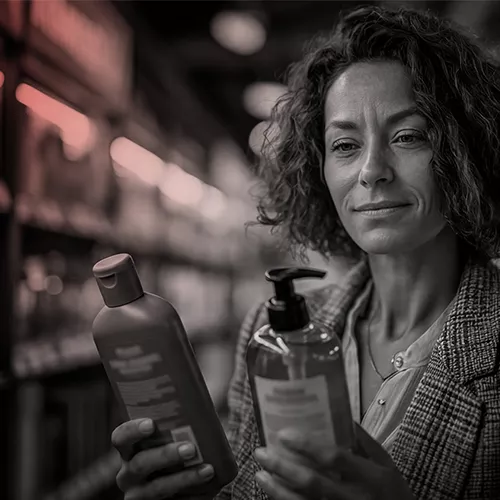 private label woman in supermarket holding products