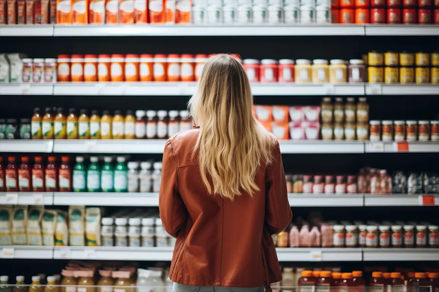 Woman standing in front of grocery shelf in a supermarket