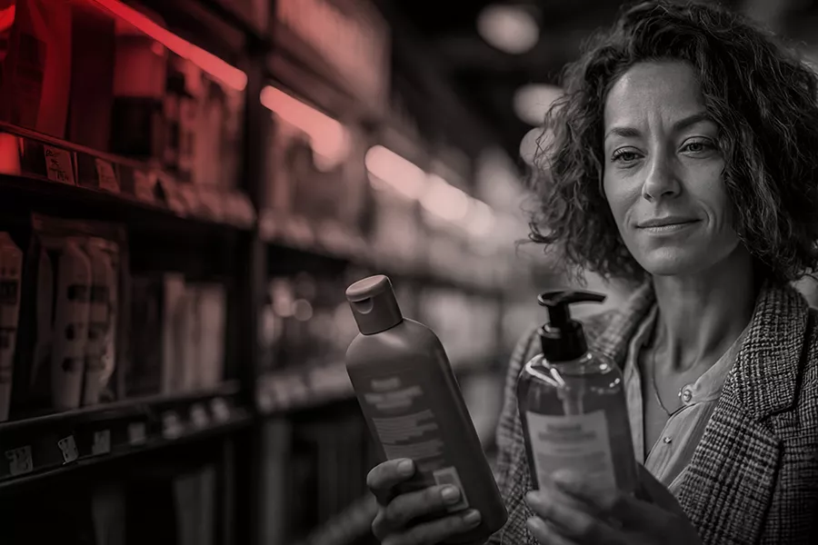 private label woman in supermarket holding products