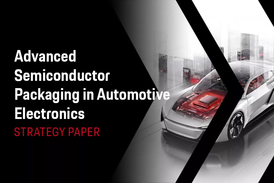 A strategy paper cover featuring a futuristic vehicle with a visible semiconductor architecture and glowing electronic components in a high-tech environment.